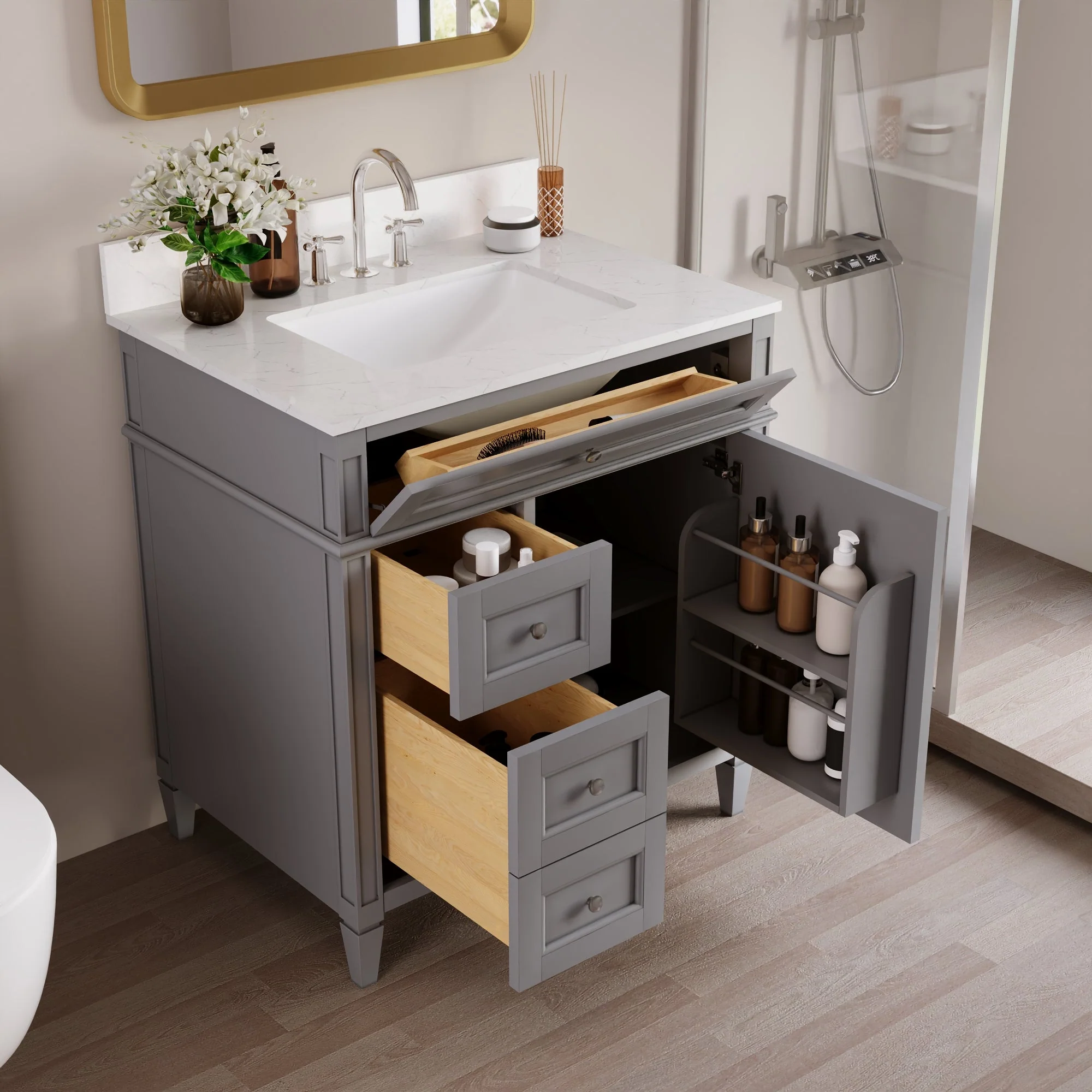 DeerValley 30 Inch Bathroom Vanity with Sink and Backsplash, Pre-Assembled Modern Bath Cabinet with Storage, Soft Close Doors, White / Light Gray - Image 17