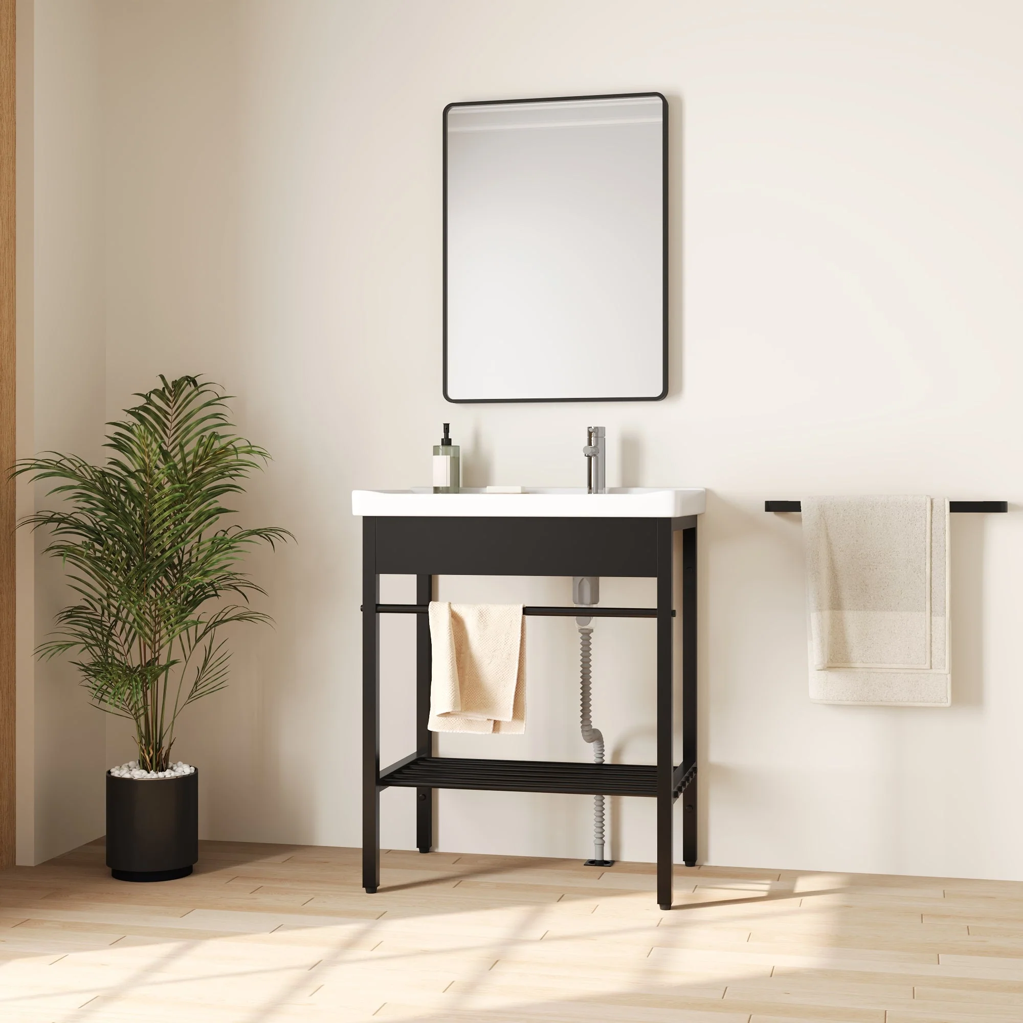 DeerValley 28"x18.5" Console Bathroom Sink, Freestanding Utility Sink with Integrated Washboard and Stainless Steel Frame, Modern White Ceramic Laundry Tub with Open Shelf, Matte Black, DV-1CS0388B