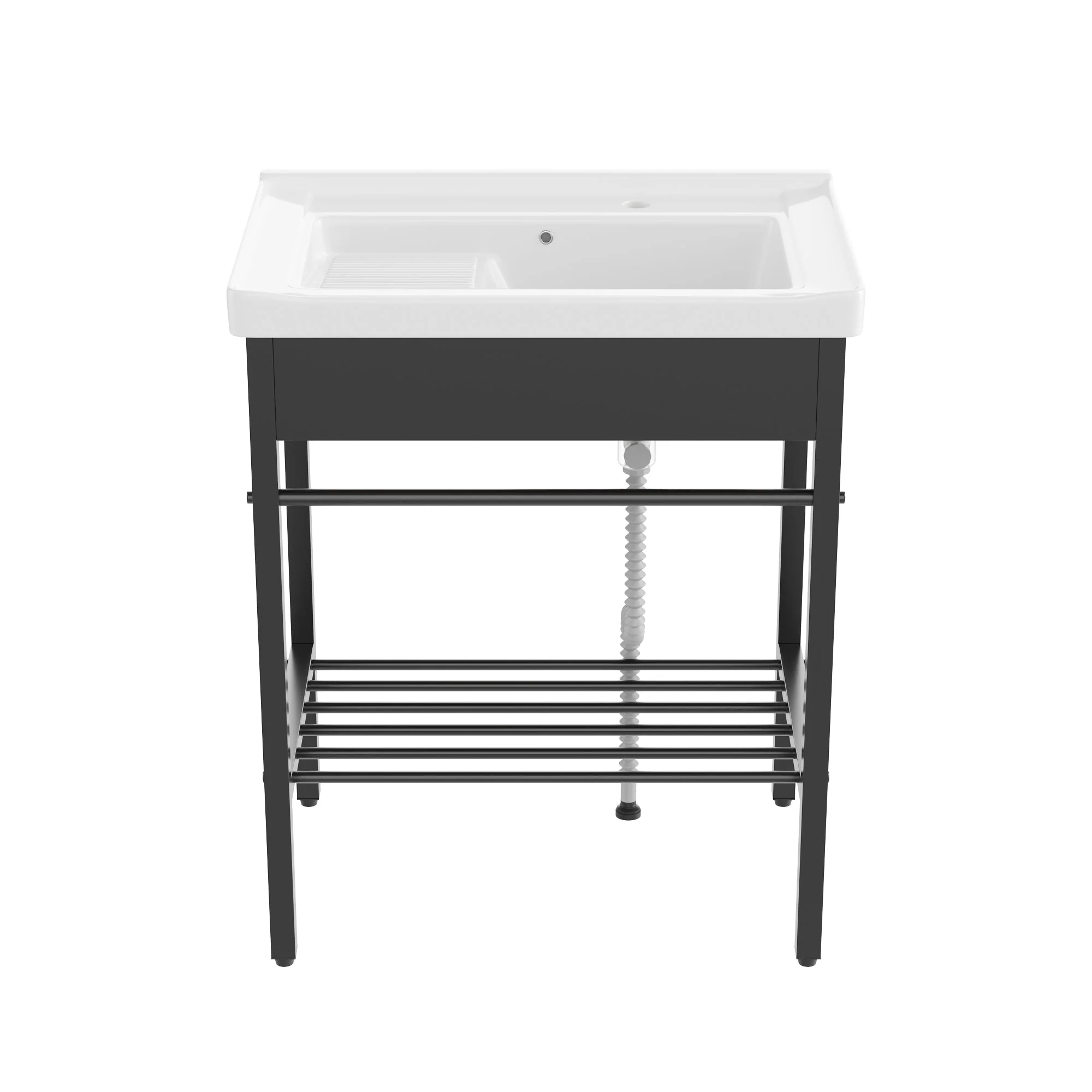 DeerValley 28"x18.5" Console Bathroom Sink, Freestanding Utility Sink with Integrated Washboard and Stainless Steel Frame, Modern White Ceramic Laundry Tub with Open Shelf, Matte Black, DV-1CS0388B - Image 12