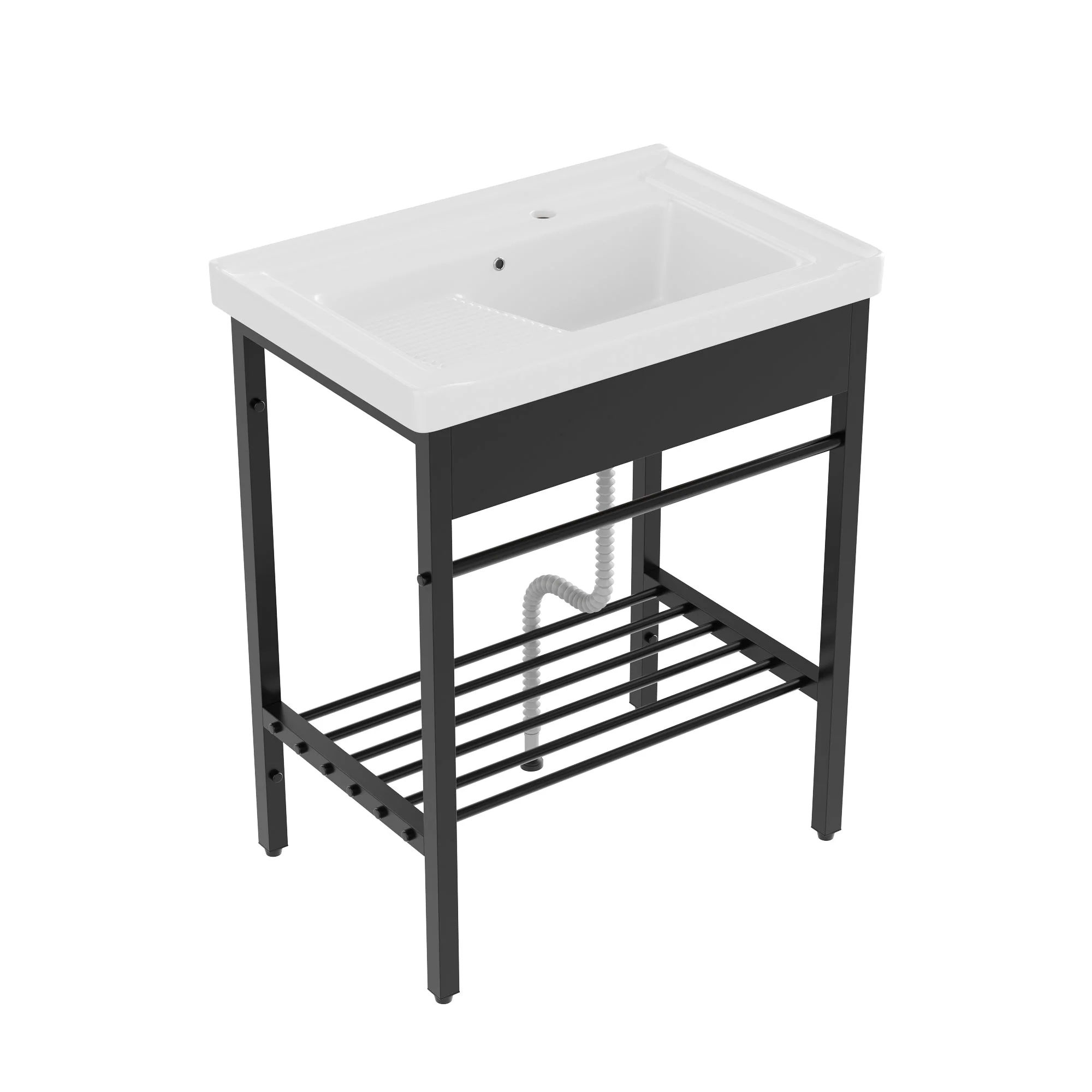 DeerValley 28"x18.5" Console Bathroom Sink, Freestanding Utility Sink with Integrated Washboard and Stainless Steel Frame, Modern White Ceramic Laundry Tub with Open Shelf, Matte Black, DV-1CS0388B - Image 13
