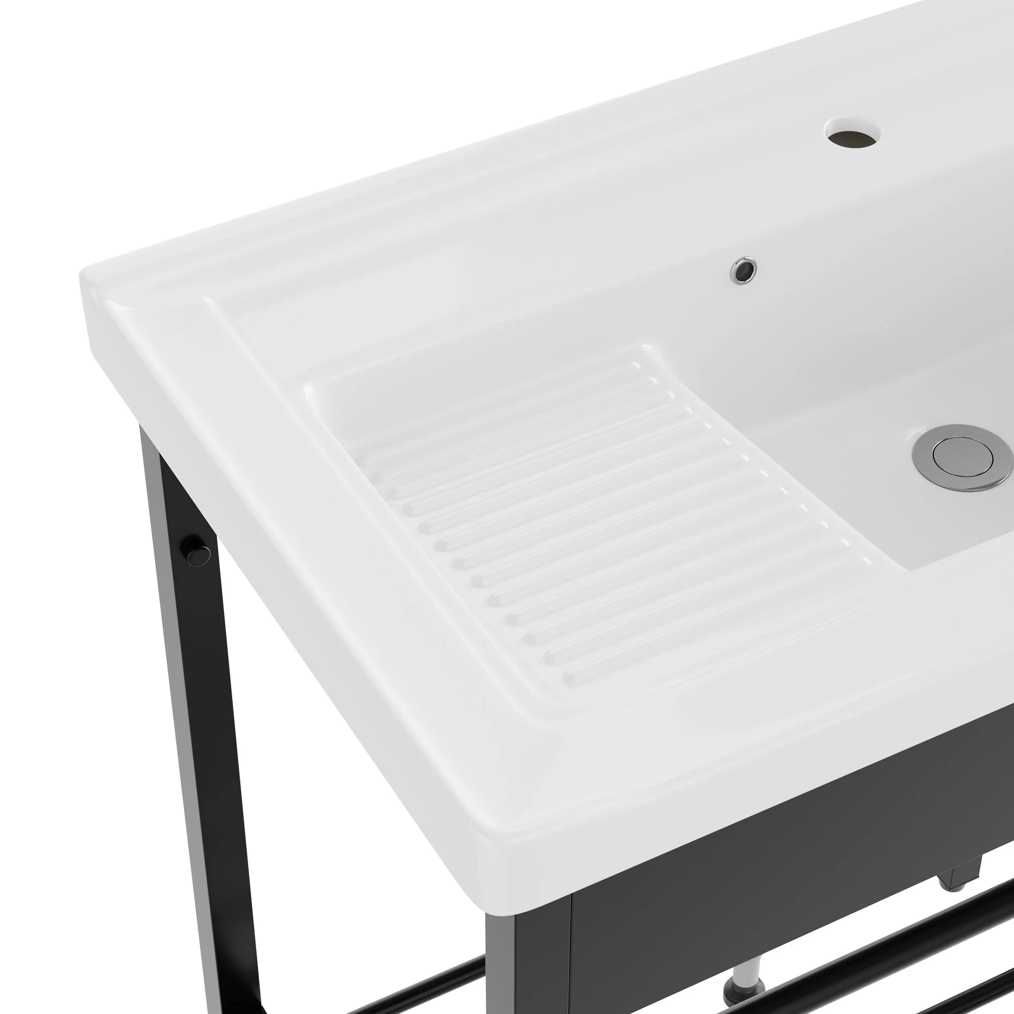 DeerValley 28"x18.5" Console Bathroom Sink, Freestanding Utility Sink with Integrated Washboard and Stainless Steel Frame, Modern White Ceramic Laundry Tub with Open Shelf, Matte Black, DV-1CS0388B - Image 14