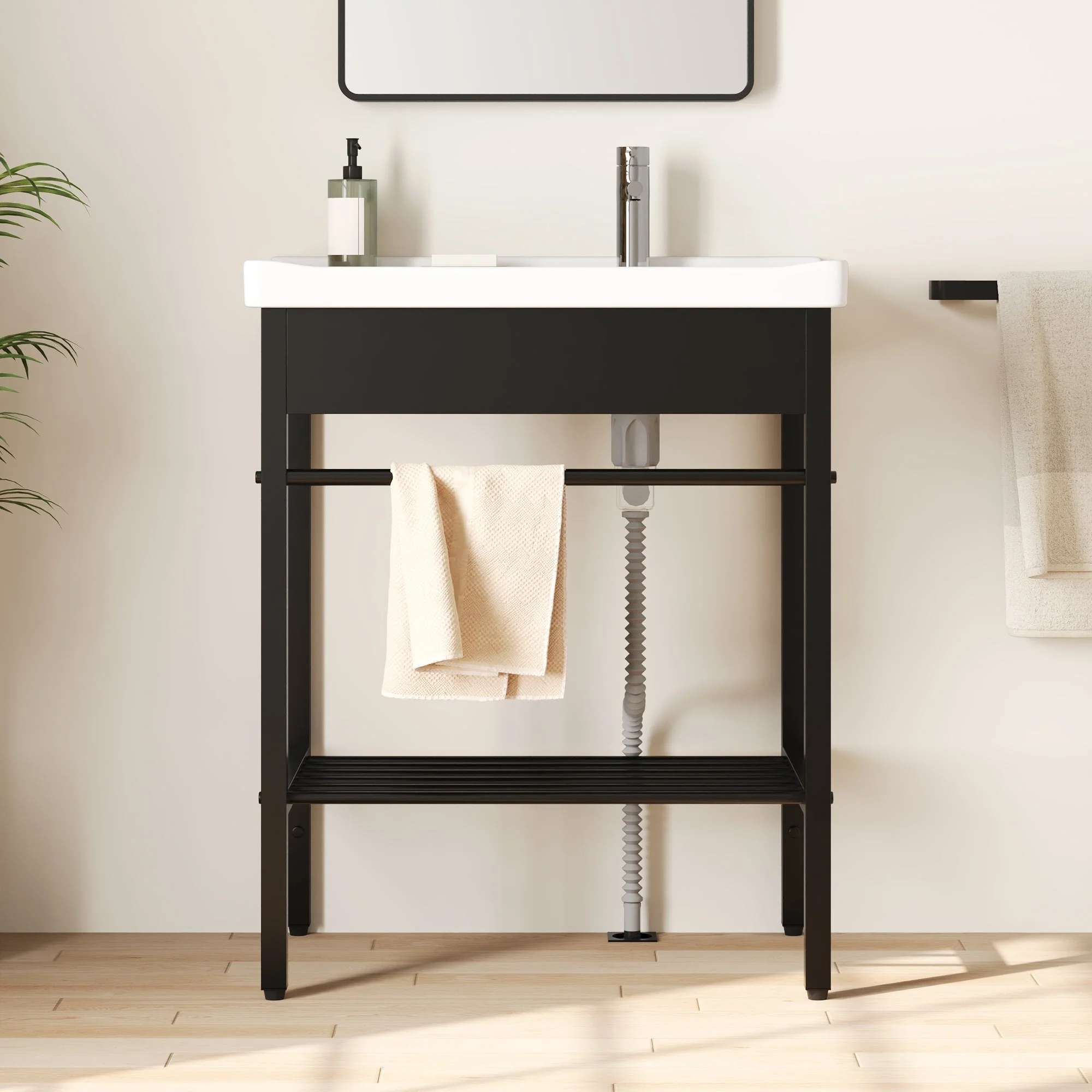 DeerValley 28"x18.5" Console Bathroom Sink, Freestanding Utility Sink with Integrated Washboard and Stainless Steel Frame, Modern White Ceramic Laundry Tub with Open Shelf, Matte Black, DV-1CS0388B - Image 2