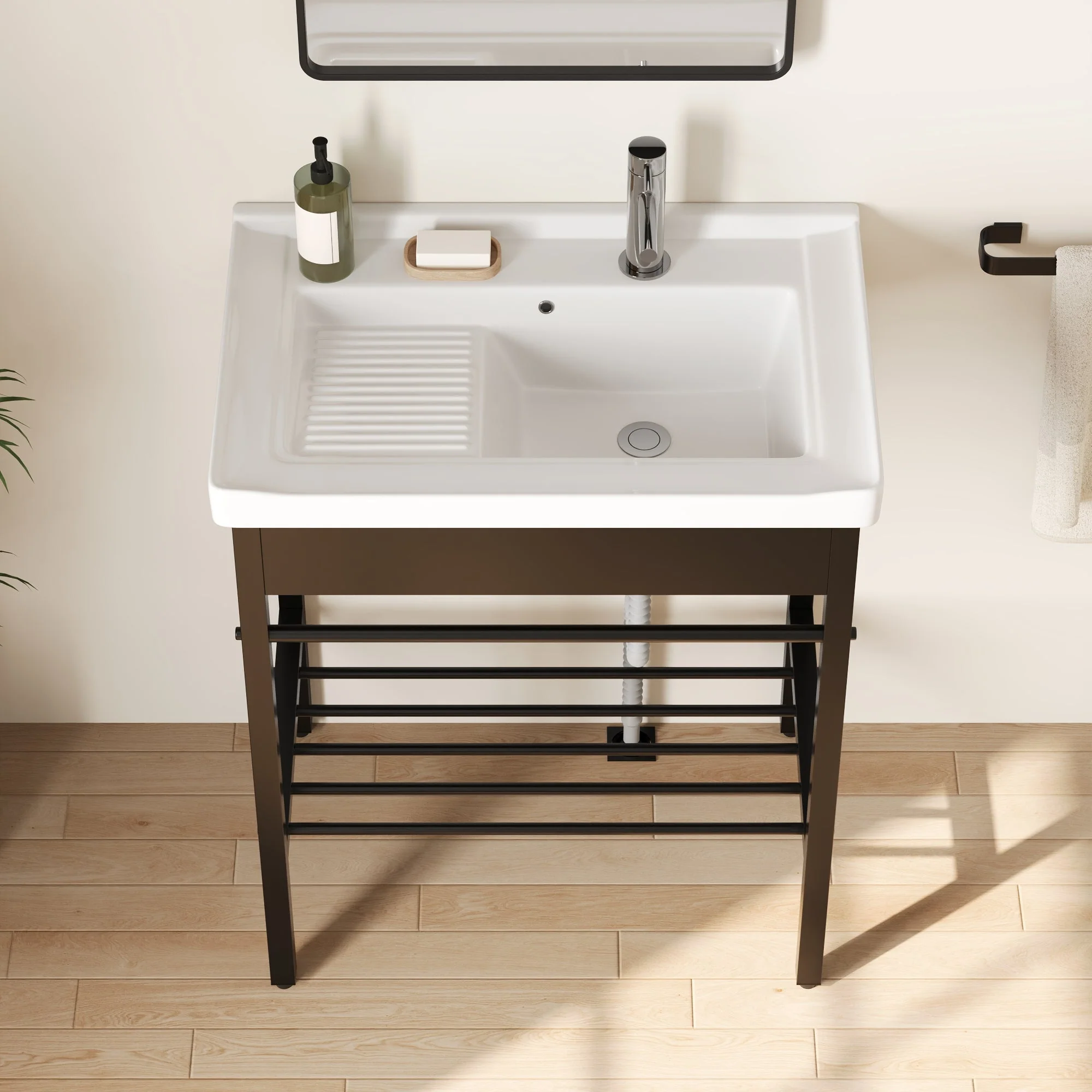 DeerValley 28"x18.5" Console Bathroom Sink, Freestanding Utility Sink with Integrated Washboard and Stainless Steel Frame, Modern White Ceramic Laundry Tub with Open Shelf, Matte Black, DV-1CS0388B - Image 3