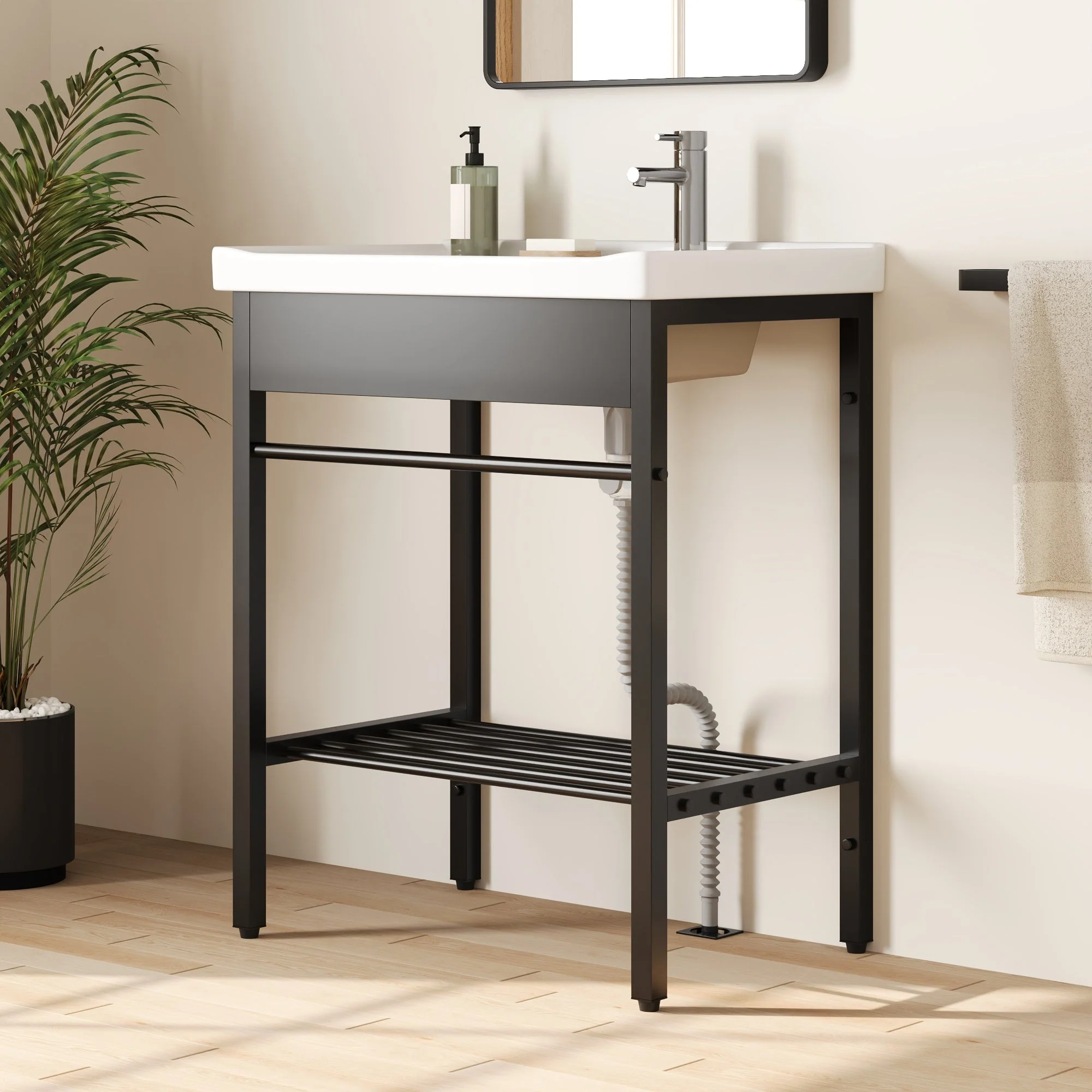 DeerValley 28"x18.5" Console Bathroom Sink, Freestanding Utility Sink with Integrated Washboard and Stainless Steel Frame, Modern White Ceramic Laundry Tub with Open Shelf, Matte Black, DV-1CS0388B - Image 4