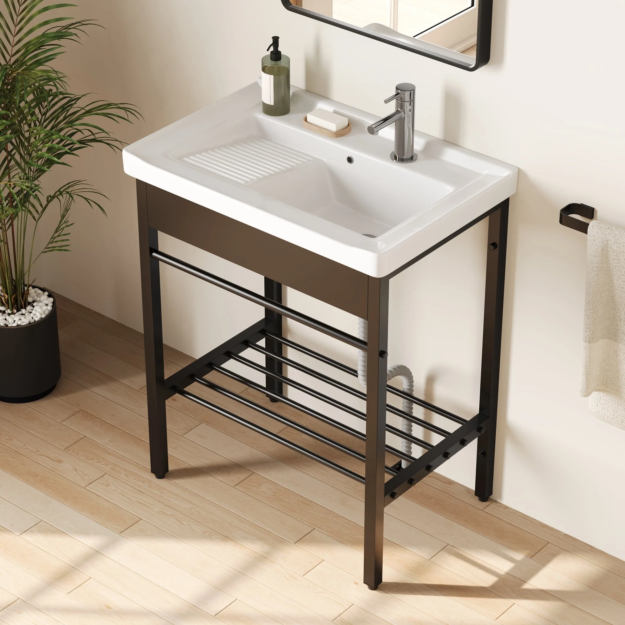 DeerValley 28"x18.5" Console Bathroom Sink, Freestanding Utility Sink with Integrated Washboard and Stainless Steel Frame, Modern White Ceramic Laundry Tub with Open Shelf, Matte Black, DV-1CS0388B - Image 5