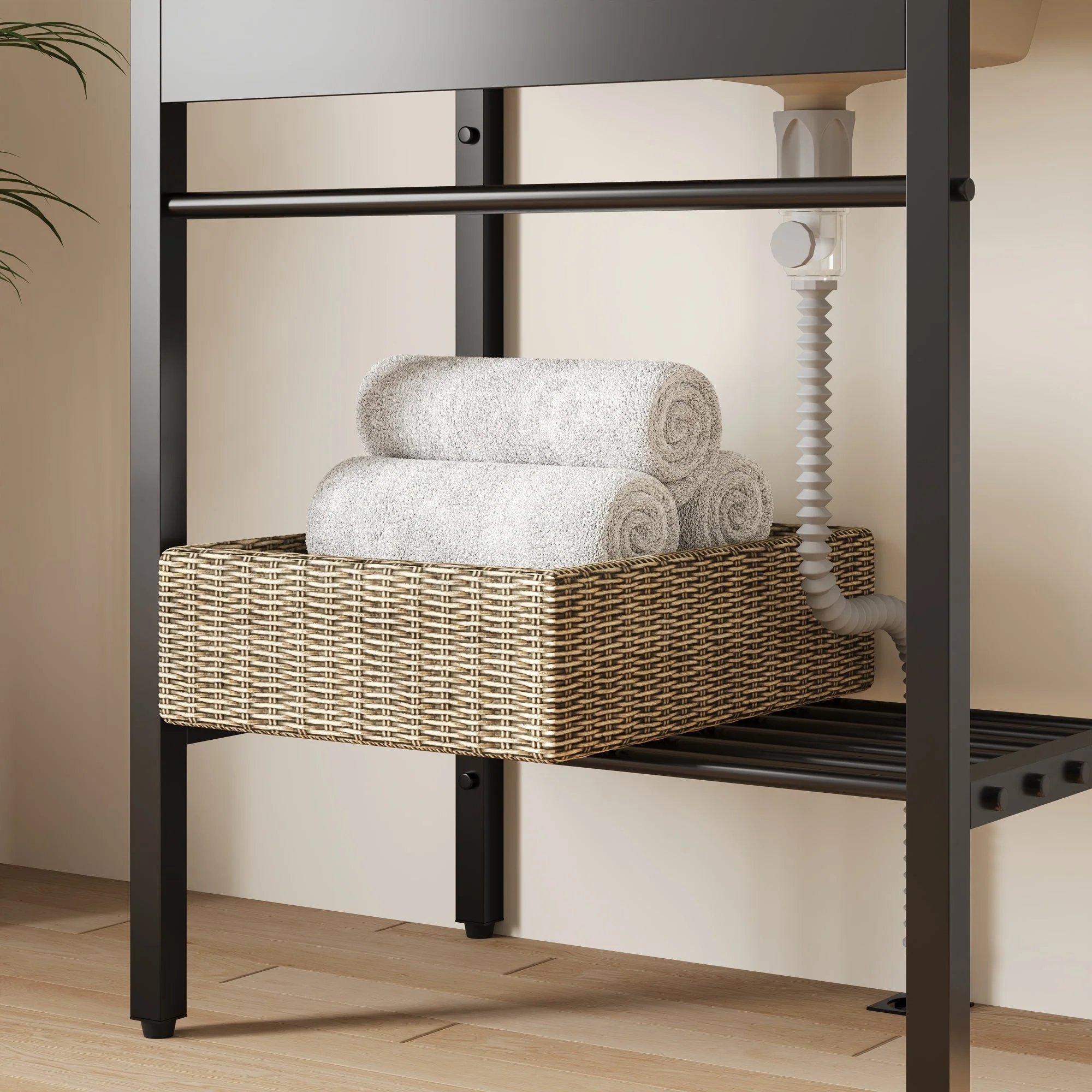 DeerValley 28"x18.5" Console Bathroom Sink, Freestanding Utility Sink with Integrated Washboard and Stainless Steel Frame, Modern White Ceramic Laundry Tub with Open Shelf, Matte Black, DV-1CS0388B - Image 7