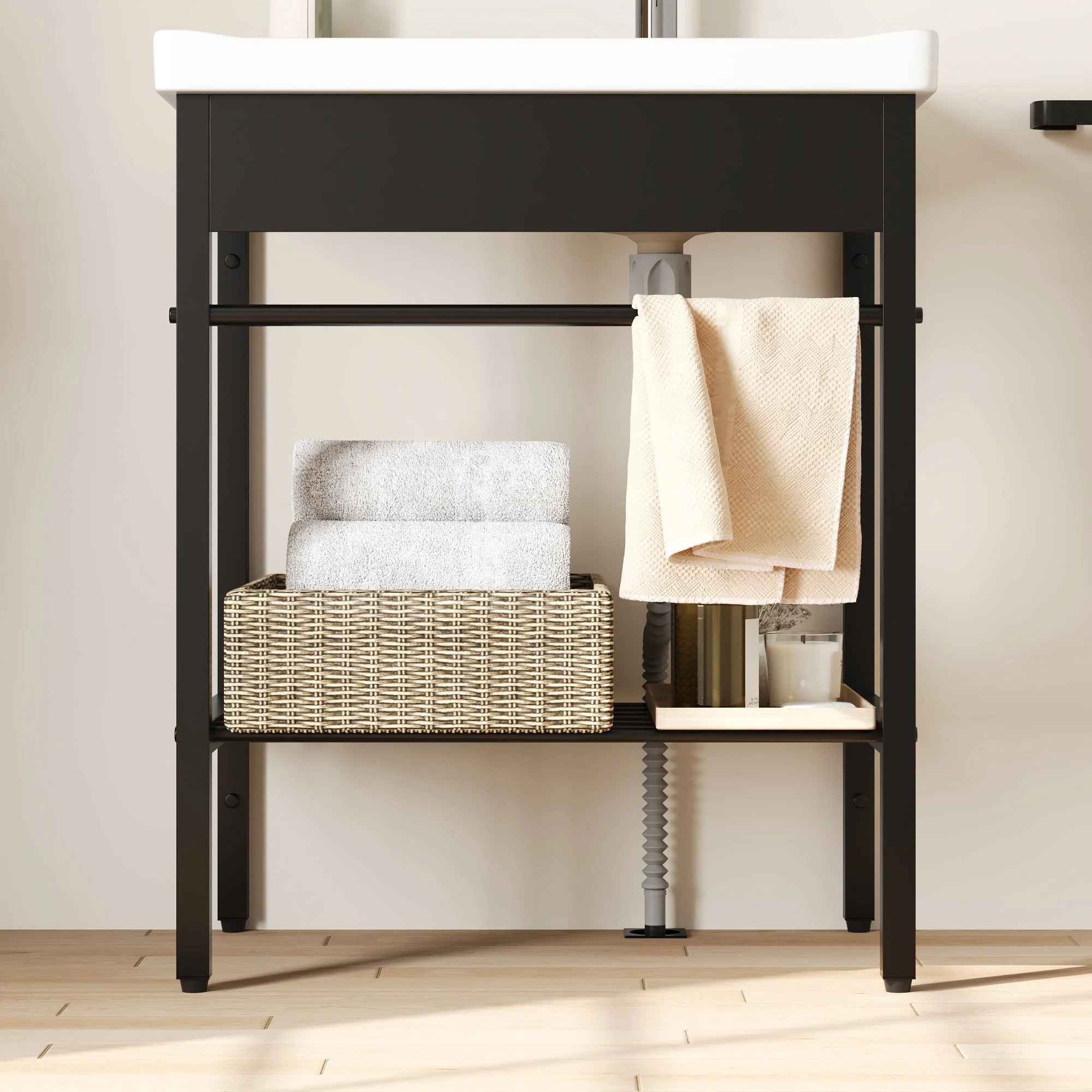DeerValley 28"x18.5" Console Bathroom Sink, Freestanding Utility Sink with Integrated Washboard and Stainless Steel Frame, Modern White Ceramic Laundry Tub with Open Shelf, Matte Black, DV-1CS0388B - Image 8