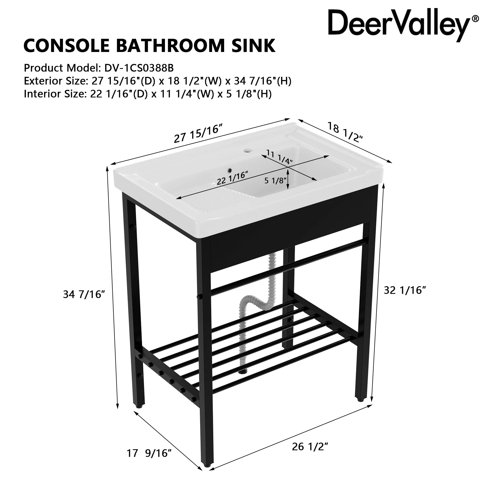 DeerValley 28"x18.5" Console Bathroom Sink, Freestanding Utility Sink with Integrated Washboard and Stainless Steel Frame, Modern White Ceramic Laundry Tub with Open Shelf, Matte Black, DV-1CS0388B - Image 9