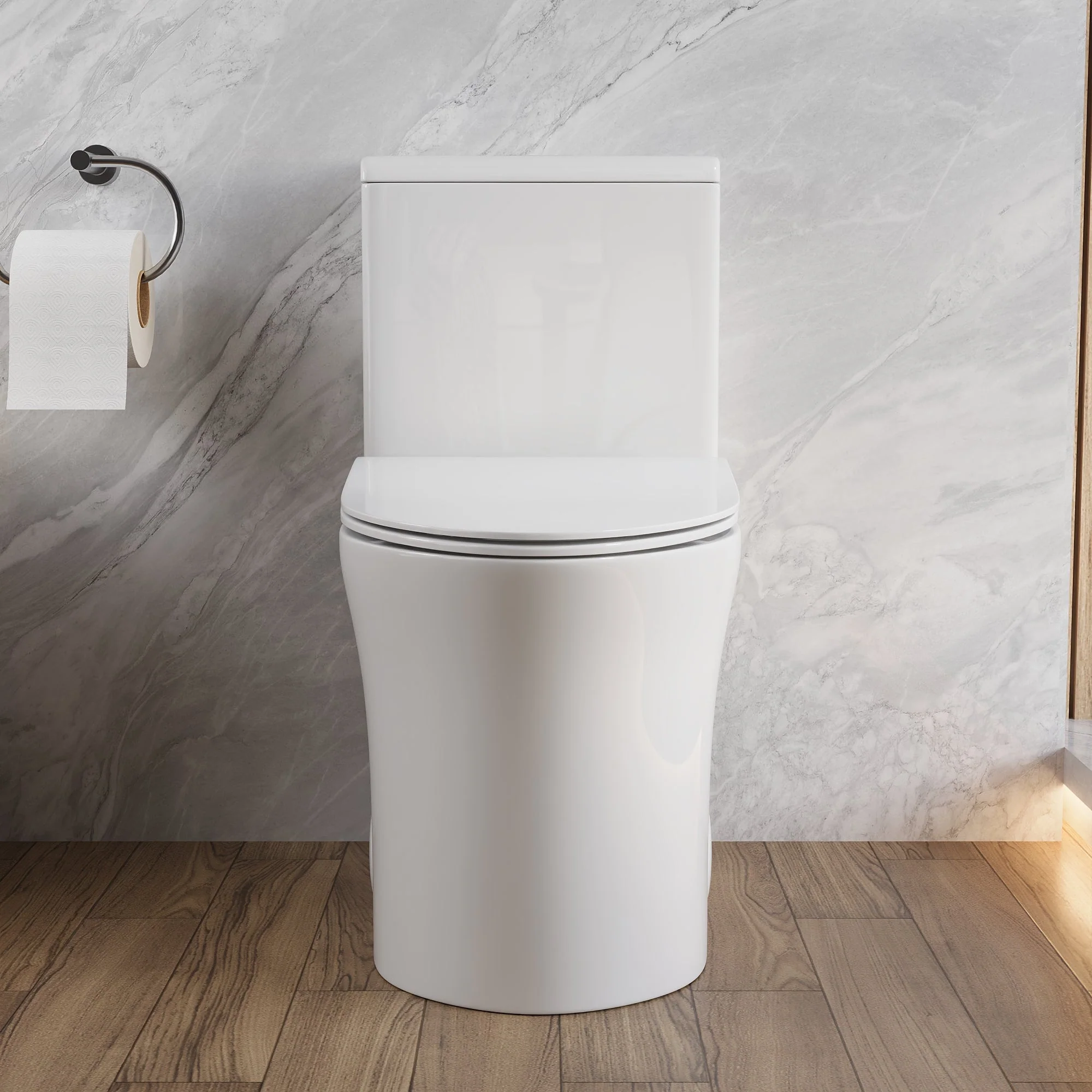 DeerValley Compact One-Piece Toilet for Small Bathrooms, Rimless Bowl Modern Elongated Toilet with Powerful Dual Flush, Soft-Close Seat, 12" Rough-In, High-Efficiency, Space-Saving & Quiet White Design, DV-1F0369