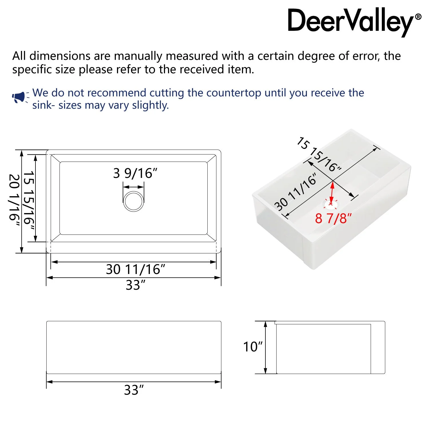 DeerValley DV-1K0259 33" L x 20" W White Farmhouse Kitchen Sink, Fireclay Apron Front Farm Sink with Sink Grid & Basket Strainer - Image 11