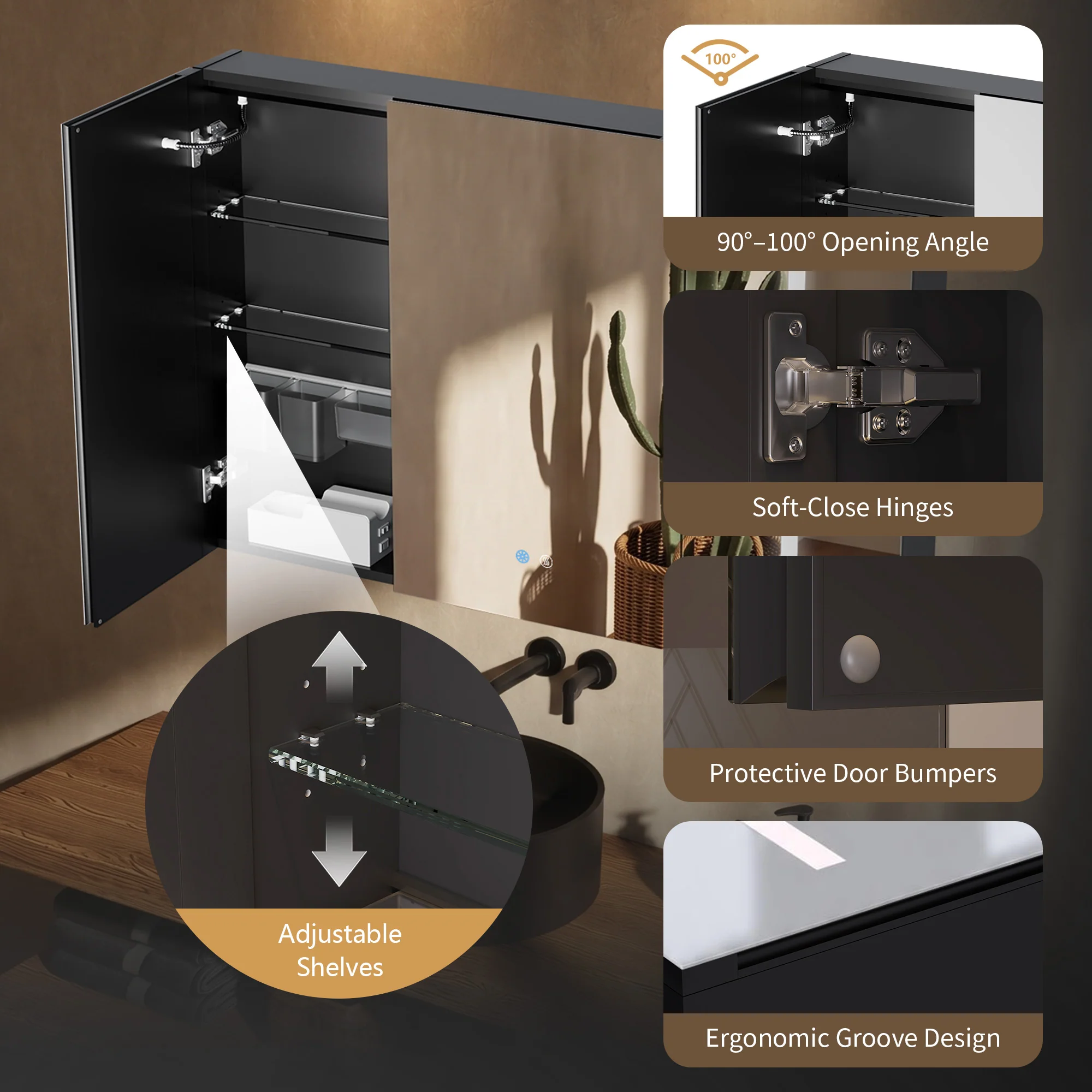 DeerValley Three-Door Wall-Mounted Mirror Cabinet with Black Aluminum Frame and Inner Storage - Image 18