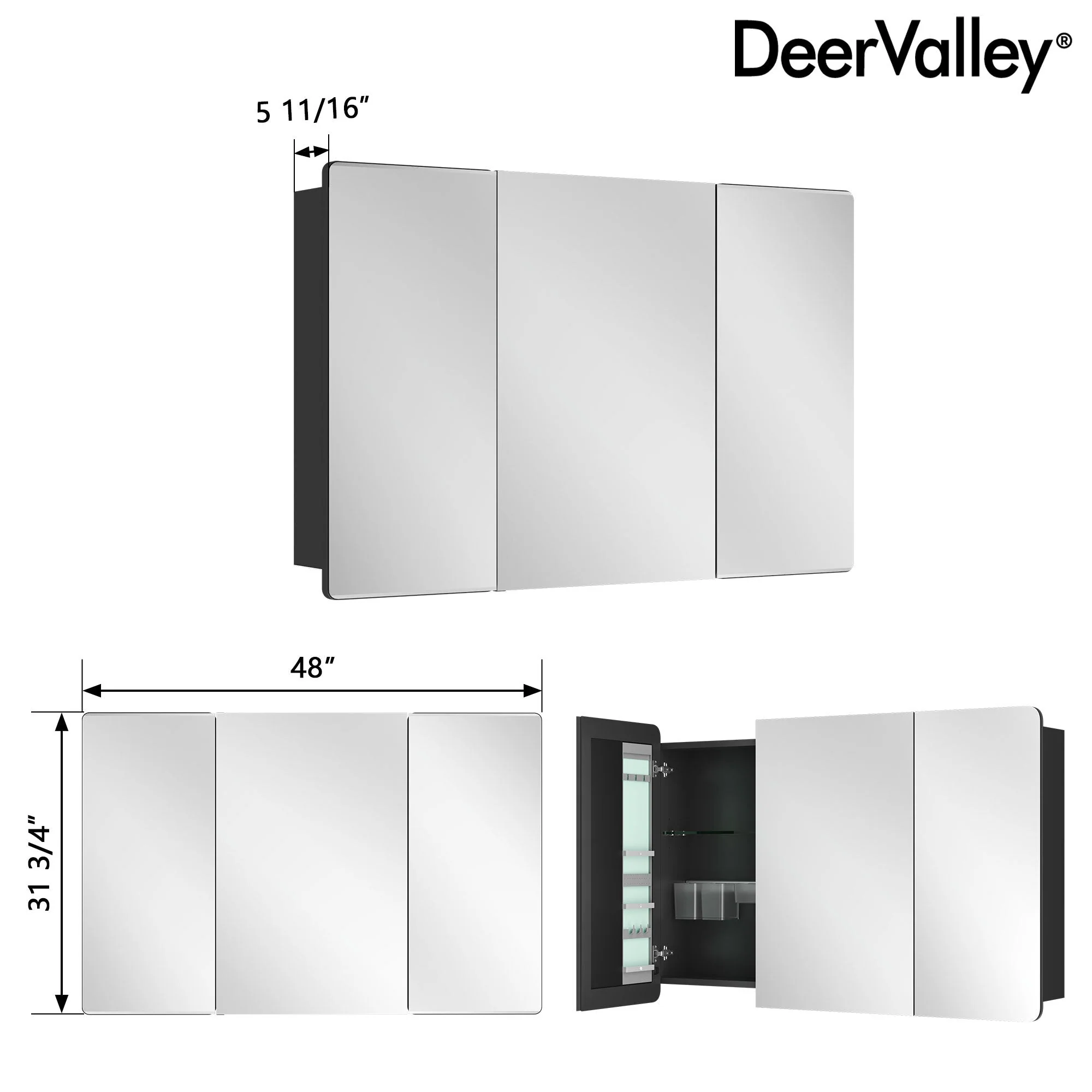 DeerValley Three-Door Wall-Mounted Mirror Cabinet with Black Aluminum Frame and Inner Storage - Image 5