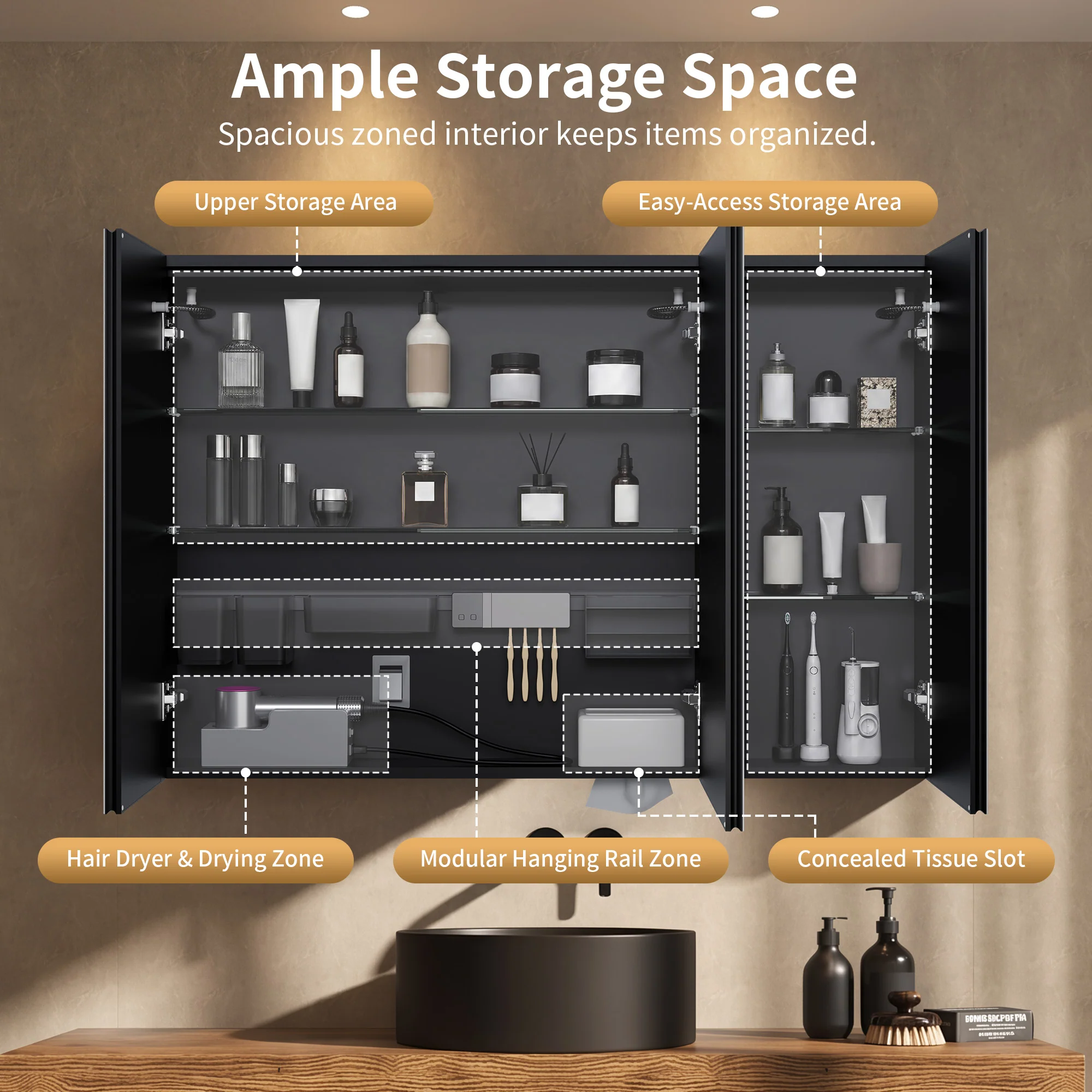 DeerValley Three-Door Wall-Mounted Mirror Cabinet with Black Aluminum Frame and Inner Storage - Image 9