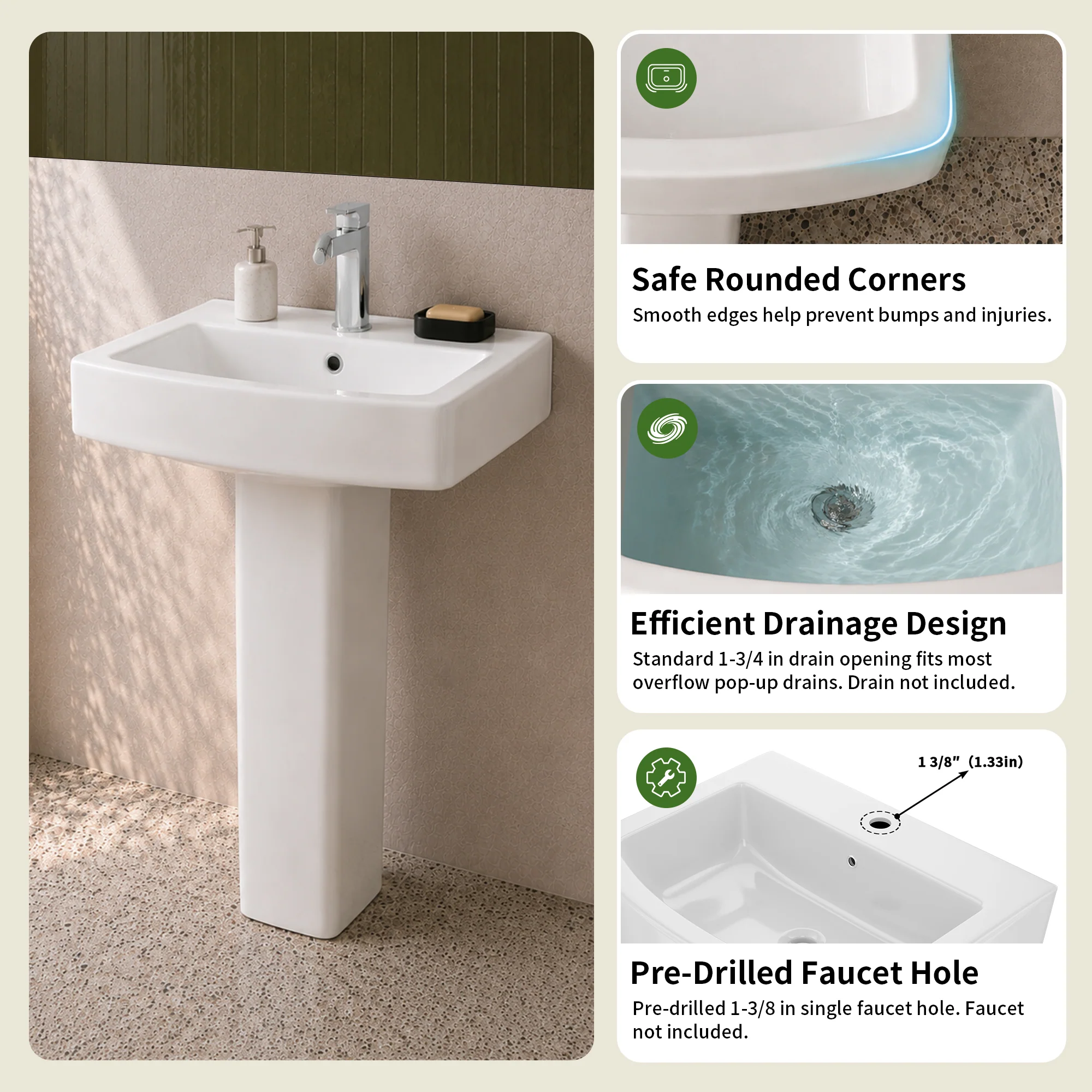 DeerValley DV-1P533 Pedestal Sink – Space-Saving with Overflow & Durable Ceramic - Image 10