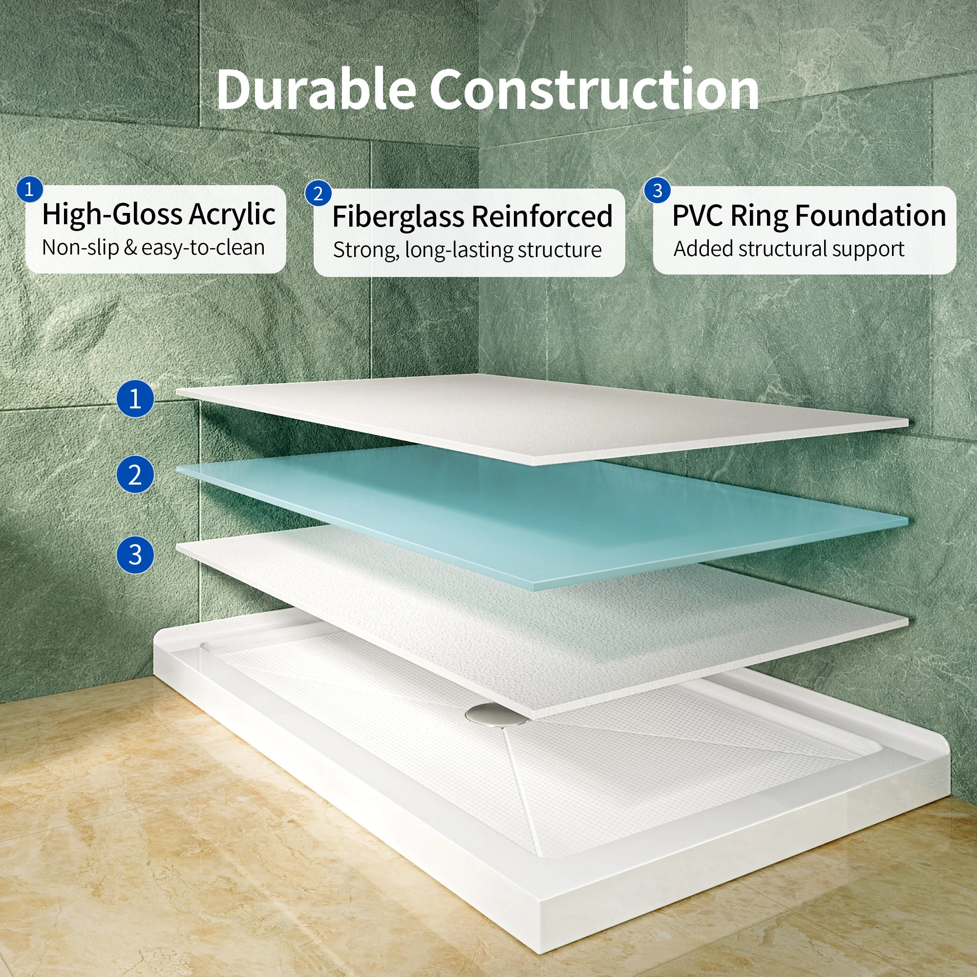 DeerValley DV-1SB0480 48 in. L x 30 in. W x 3.5 in. H Alcove Shower Pan Base with Center Drain in White - Image 8