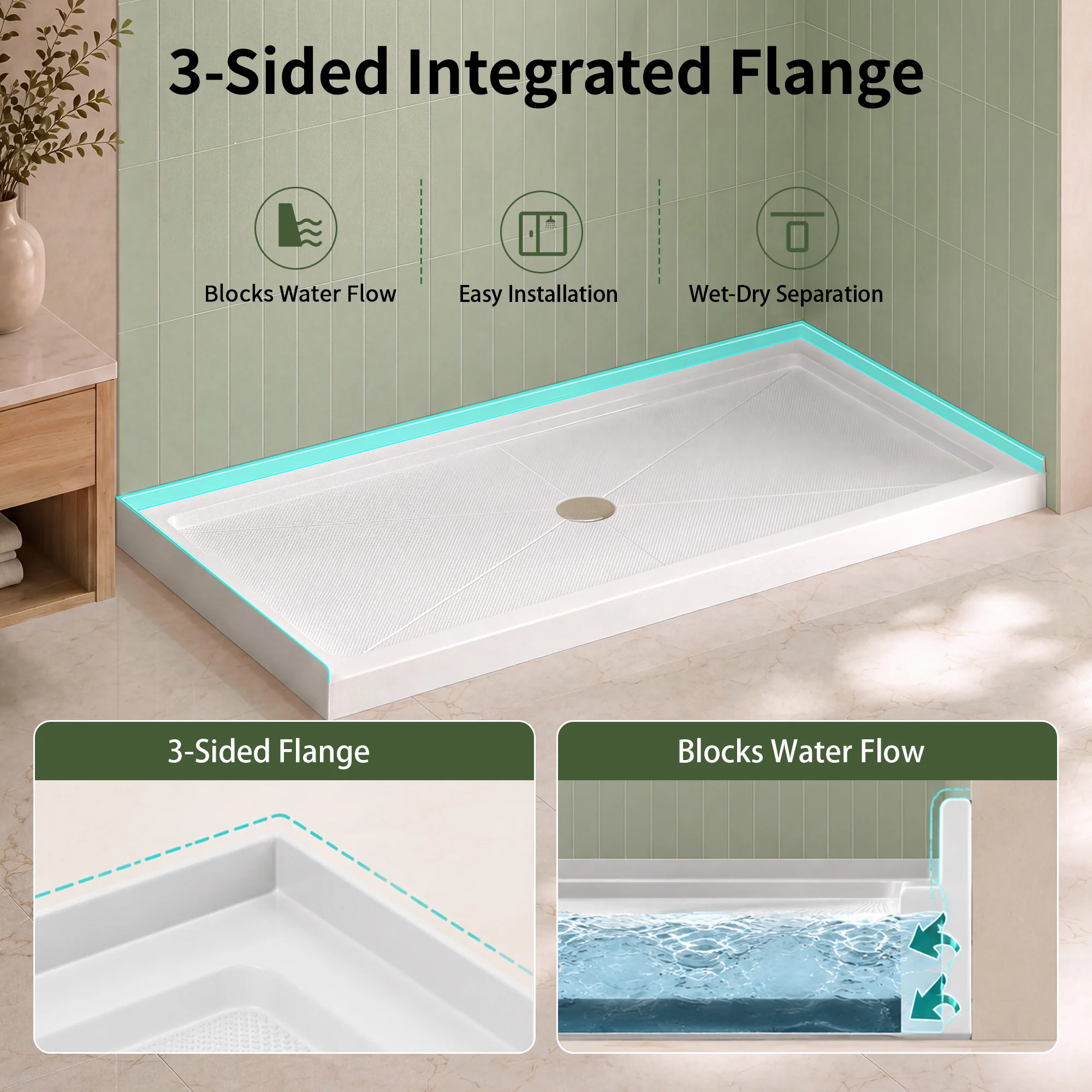 DeerValley DV-1SB0481 Shower Base in White, Acrylic Single Threshold Shower Pan with Non-Slip Texture, Center Drain Hole - Image 9