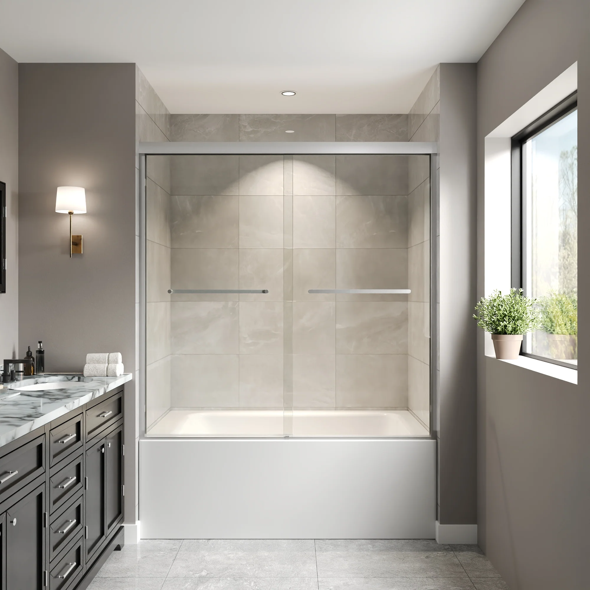 DeerValley DV-1SD0412B06 56" - 60" W x 60" H Framed Double Sliding Tub Door, Bypass Sliding Bathtub Shower Door with 1/4" Clear Tempered Glass, Aluminum Frame with Stainless Steel Towel Bar, Matte Black - Image 2