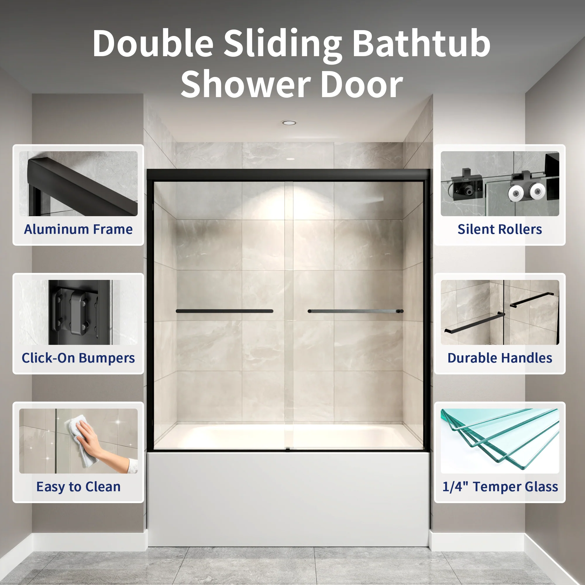 DeerValley DV-1SD0412B06 56" - 60" W x 60" H Framed Double Sliding Tub Door, Bypass Sliding Bathtub Shower Door with 1/4" Clear Tempered Glass, Aluminum Frame with Stainless Steel Towel Bar, Matte Black - Image 23