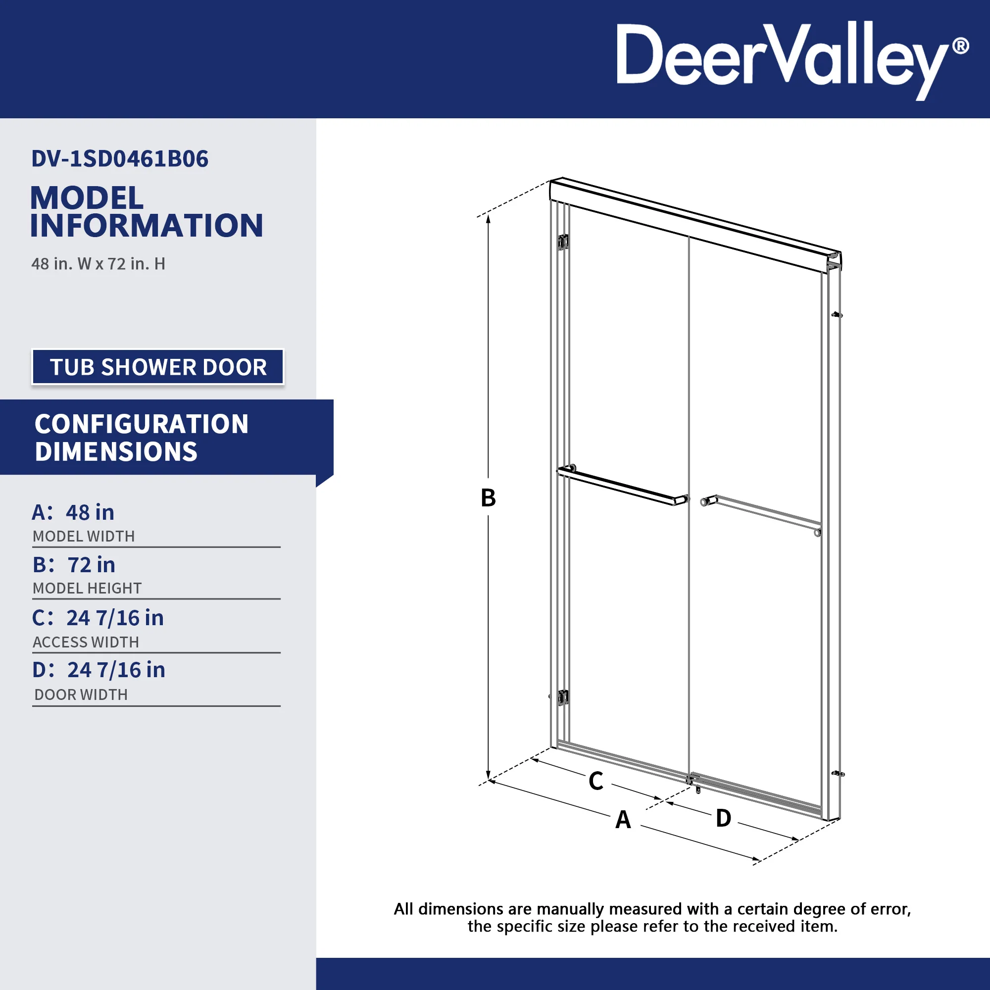 DeerValley DV-1SD0461B06 44"-48" W x 72" H Double Sliding Shower Door for Walk-In Showers, Framed Bypass Door with Easy-Clean 1/4" (6mm) Tempered Glass, Durable Aluminum Frame, Matte Black - Image 10