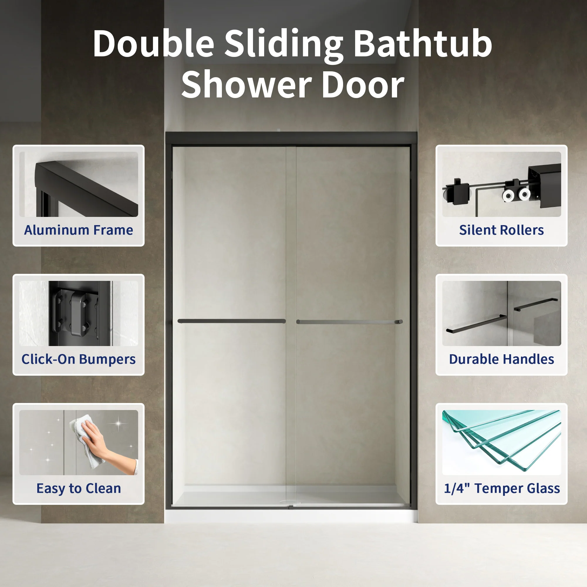 DeerValley DV-1SD0461B06 44"-48" W x 72" H Double Sliding Shower Door for Walk-In Showers, Framed Bypass Door with Easy-Clean 1/4" (6mm) Tempered Glass, Durable Aluminum Frame, Matte Black - Image 15