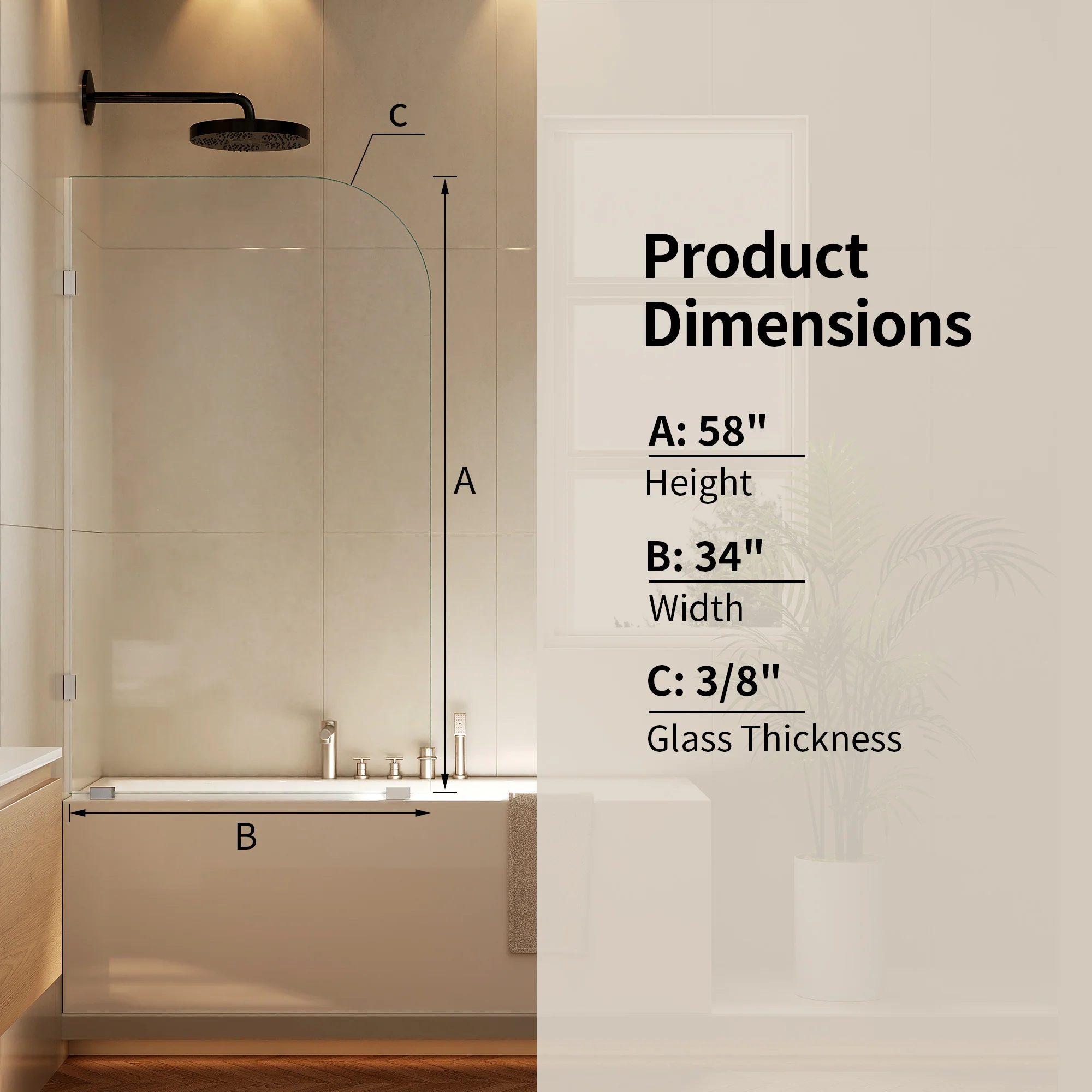 DeerValley DV-1SD0466B10 34" W x 58" H Frameless Bathtub Shower Door, Single Fixed Bath Panel with Clamps, 3/8" Tempered Glass Bathroom Shower Screen