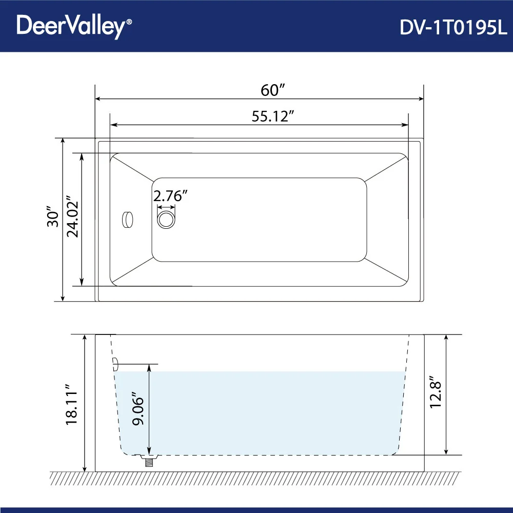 DeerValley DV-1T0195 60x30 Acrylic Alcove Soaking Bathtub with Apron, Left Drain, White - Image 3