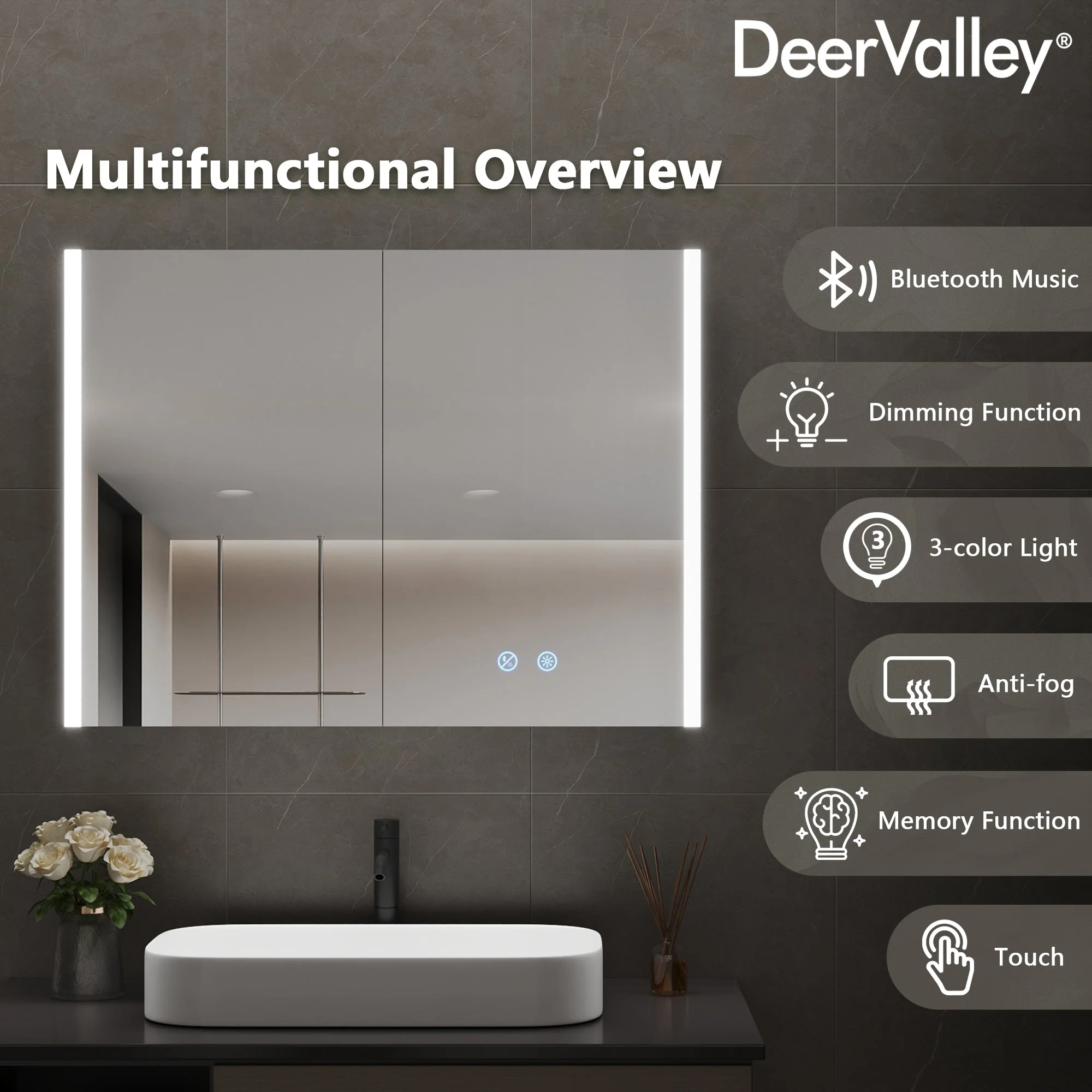 DeerValley DV-1VM0239 LED Medicine Cabinets Bluetooth Anti-Fog Dimmable - Image 4